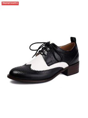 Wingtip Oxford Shoes Lace Up Chunky Block Heel Faux Leather Brogues